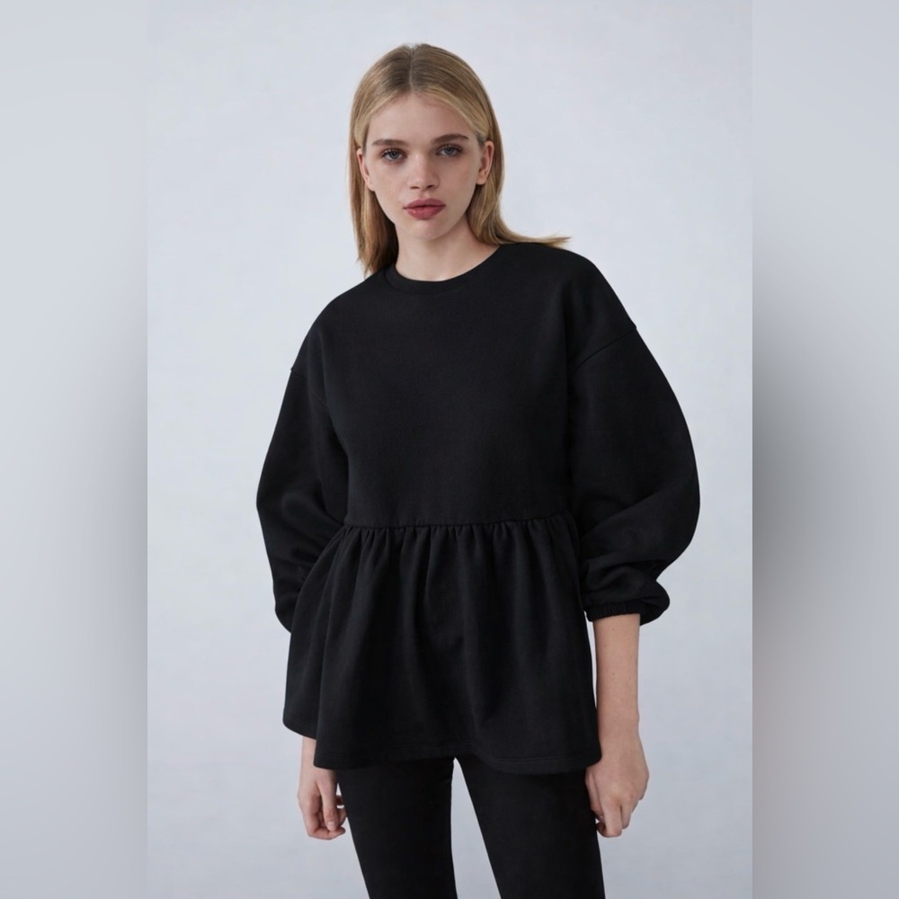 🆕 Zara Peplum Relaxed Fit Elastic Cuff Women's Sweatshirt, Black, Size L